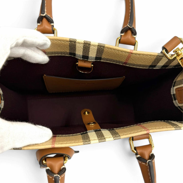 極美品★BURBERRY バーバリー 8097566 ノバチェック柄 レザー使い ミニ フレイヤトート 2WAY ショルダーバッグ ベージュ ブラウン 伊製