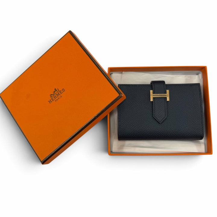 未使用品☆HERMES エルメス ベアン ミニ ヴォーエプソン ブルーインディゴ ゴールド金具 二つ折り財布 U刻印 フランス製 レディース 箱付