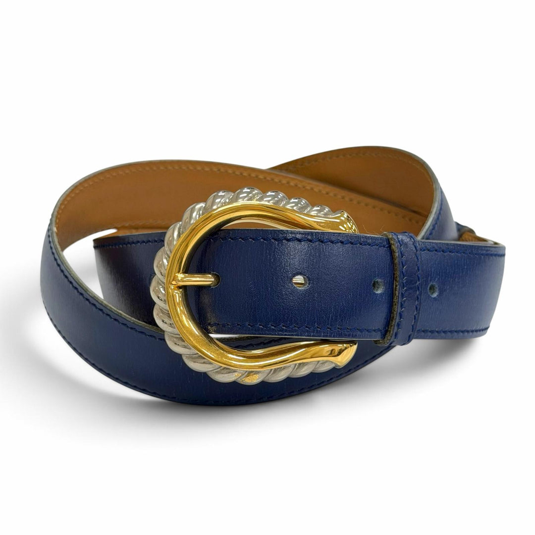 良品△HERMES エルメス ヴィンテージ 1993年製 シルバー・ゴールド金具 レザー ベルト ネイビーブルー 75 ○W刻印 フランス製 レディース
