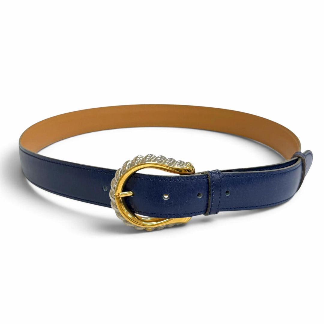 良品△HERMES エルメス ヴィンテージ 1993年製 シルバー・ゴールド金具 レザー ベルト ネイビーブルー 75 ○W刻印 フランス製 レディース