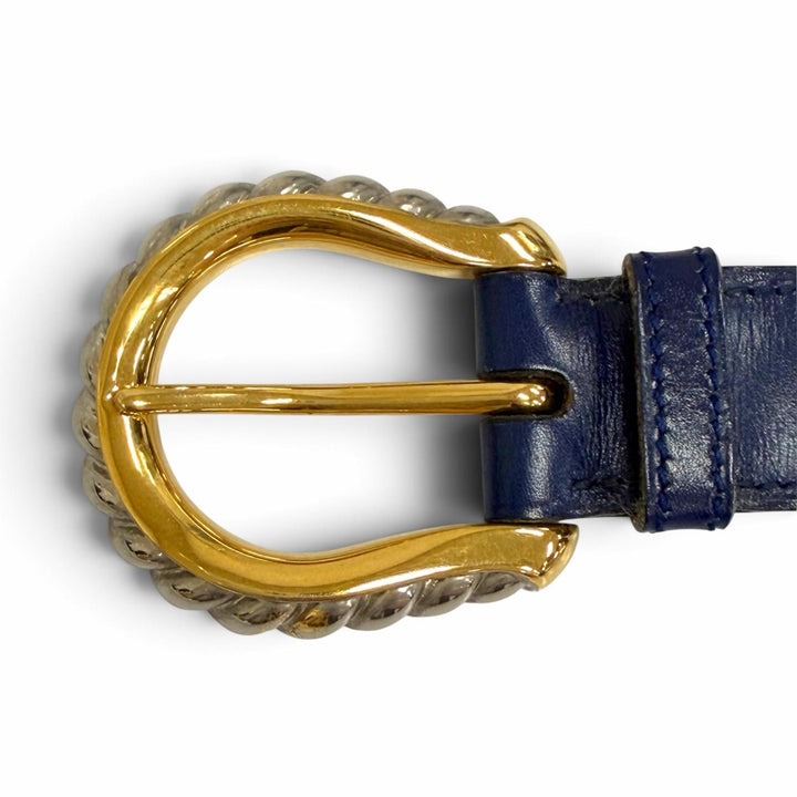 良品△HERMES エルメス ヴィンテージ 1993年製 シルバー・ゴールド金具 レザー ベルト ネイビーブルー 75 ○W刻印 フランス製 レディース