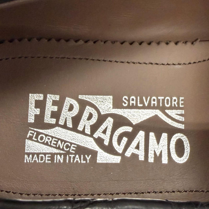 未使用品□Salvatore Ferragamo サルヴァトーレフェラガモ クロコダイル ダブルガンチーニ ローファー ブラック シルバー金具 8 伊製