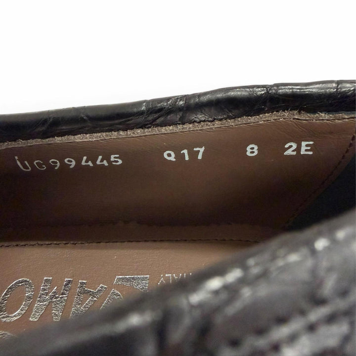 未使用品□Salvatore Ferragamo サルヴァトーレフェラガモ クロコダイル ダブルガンチーニ ローファー ブラック シルバー金具 8 伊製