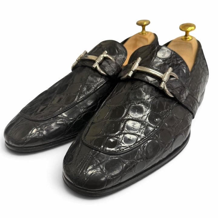 未使用品□Salvatore Ferragamo サルヴァトーレフェラガモ クロコダイル ダブルガンチーニ ローファー ブラック シルバー金具 8 伊製