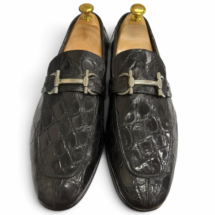 未使用品□Salvatore Ferragamo サルヴァトーレフェラガモ クロコダイル ダブルガンチーニ ローファー ブラック シルバー金具 8 伊製