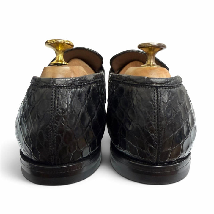 未使用品□Salvatore Ferragamo サルヴァトーレフェラガモ クロコダイル ダブルガンチーニ ローファー ブラック シルバー金具 8 伊製