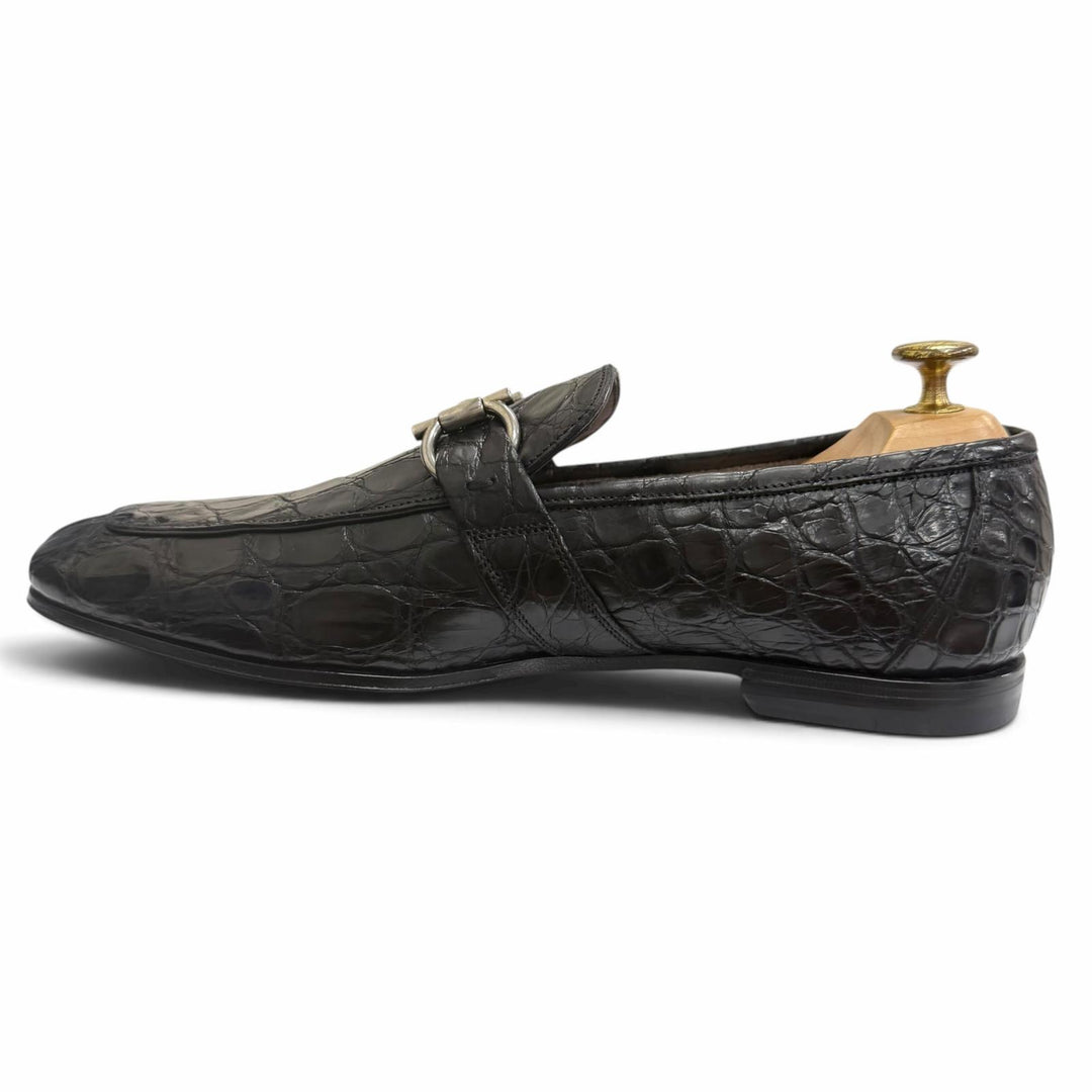 未使用品□Salvatore Ferragamo サルヴァトーレフェラガモ クロコダイル ダブルガンチーニ ローファー ブラック シルバー金具 8 伊製