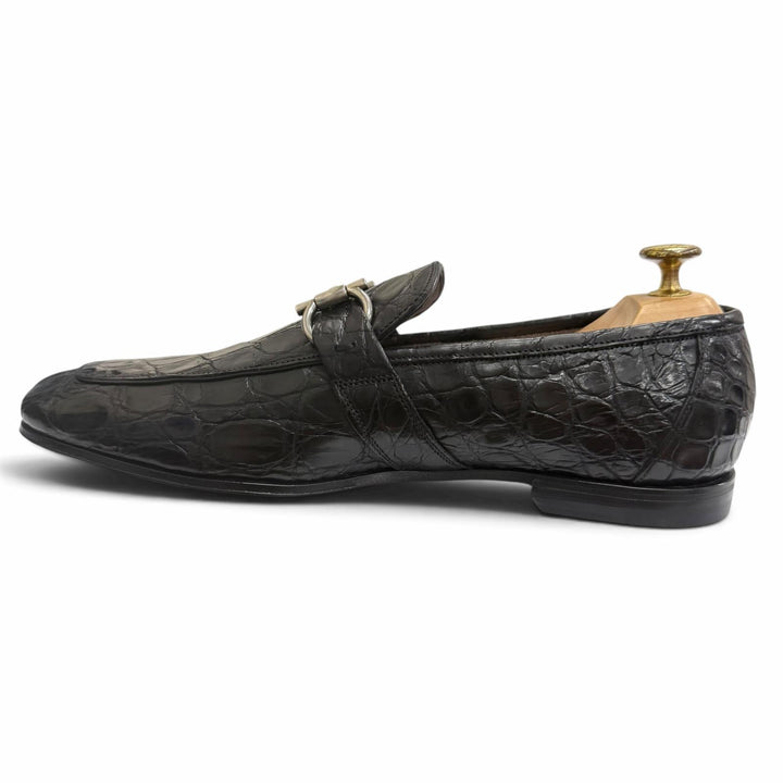 未使用品□Salvatore Ferragamo サルヴァトーレフェラガモ クロコダイル ダブルガンチーニ ローファー ブラック シルバー金具 8 伊製