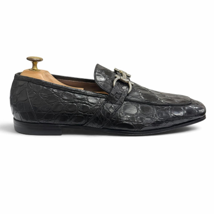 未使用品□Salvatore Ferragamo サルヴァトーレフェラガモ クロコダイル ダブルガンチーニ ローファー ブラック シルバー金具 8 伊製