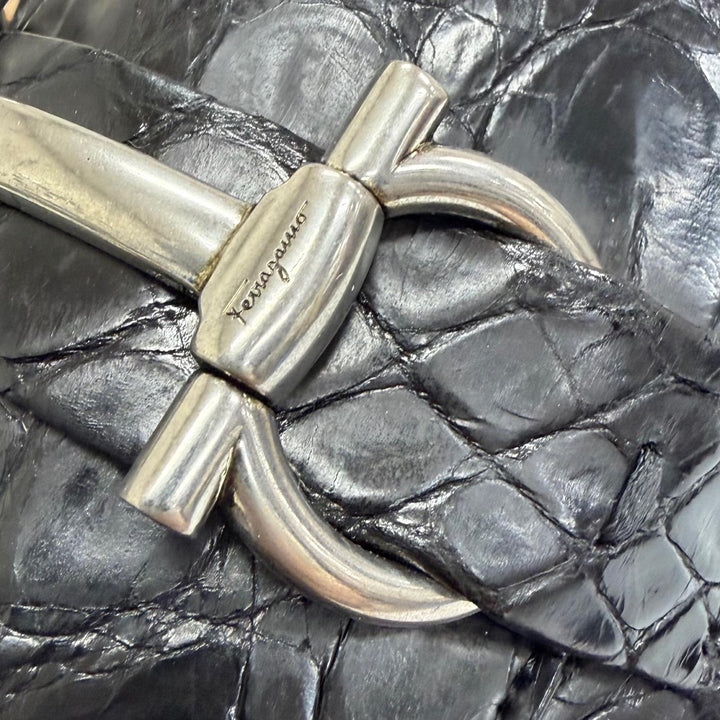 未使用品□Salvatore Ferragamo サルヴァトーレフェラガモ クロコダイル ダブルガンチーニ ローファー ブラック シルバー金具 8 伊製