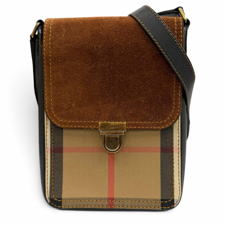 極美品★BURBERRY バーバリー BURBERRY PRORSUM レザー使い バーバリーチェック フラップ ショルダーバッグ ブラウン 伊製 保存袋付き