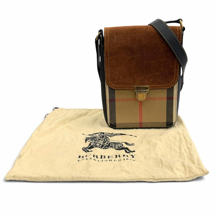 極美品★BURBERRY バーバリー BURBERRY PRORSUM レザー使い バーバリーチェック フラップ ショルダーバッグ ブラウン 伊製 保存袋付き