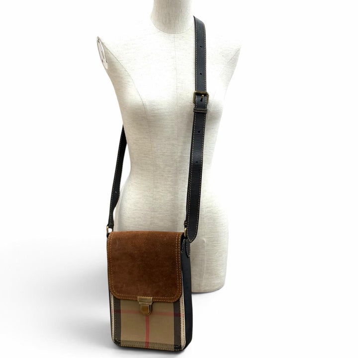 極美品★BURBERRY バーバリー BURBERRY PRORSUM レザー使い バーバリーチェック フラップ ショルダーバッグ ブラウン 伊製 保存袋付き