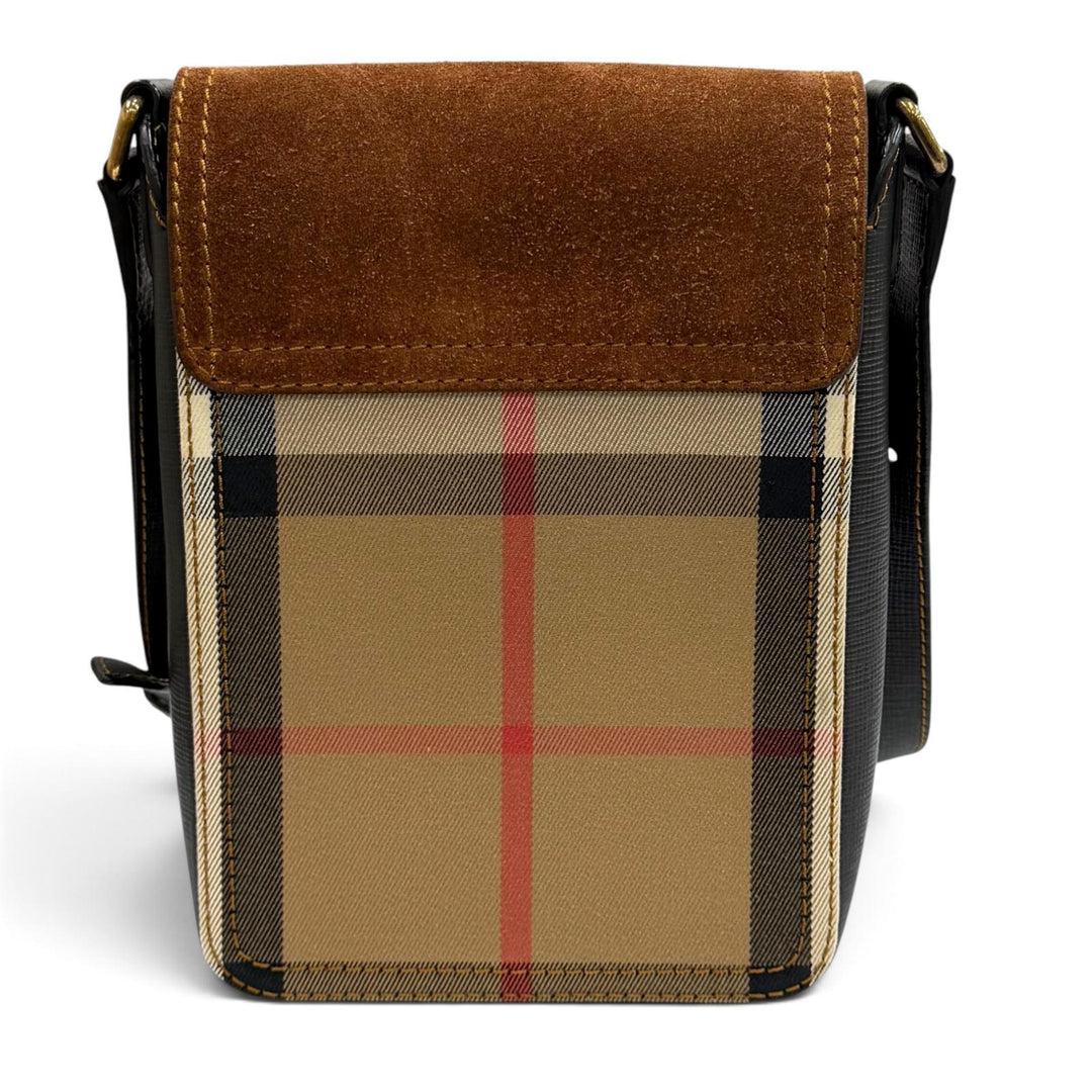 極美品★BURBERRY バーバリー BURBERRY PRORSUM レザー使い バーバリーチェック フラップ ショルダーバッグ ブラウン 伊製 保存袋付き