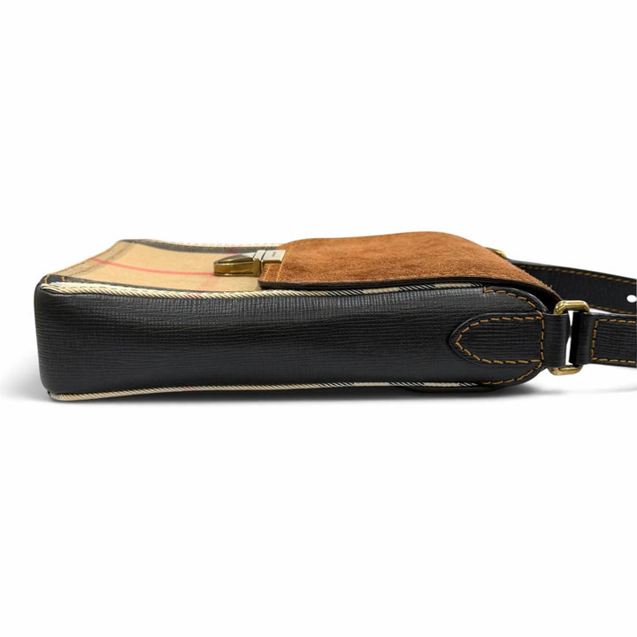 極美品★BURBERRY バーバリー BURBERRY PRORSUM レザー使い バーバリーチェック フラップ ショルダーバッグ ブラウン 伊製 保存袋付き