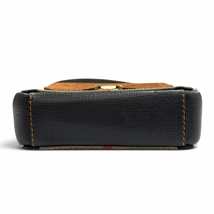極美品★BURBERRY バーバリー BURBERRY PRORSUM レザー使い バーバリーチェック フラップ ショルダーバッグ ブラウン 伊製 保存袋付き