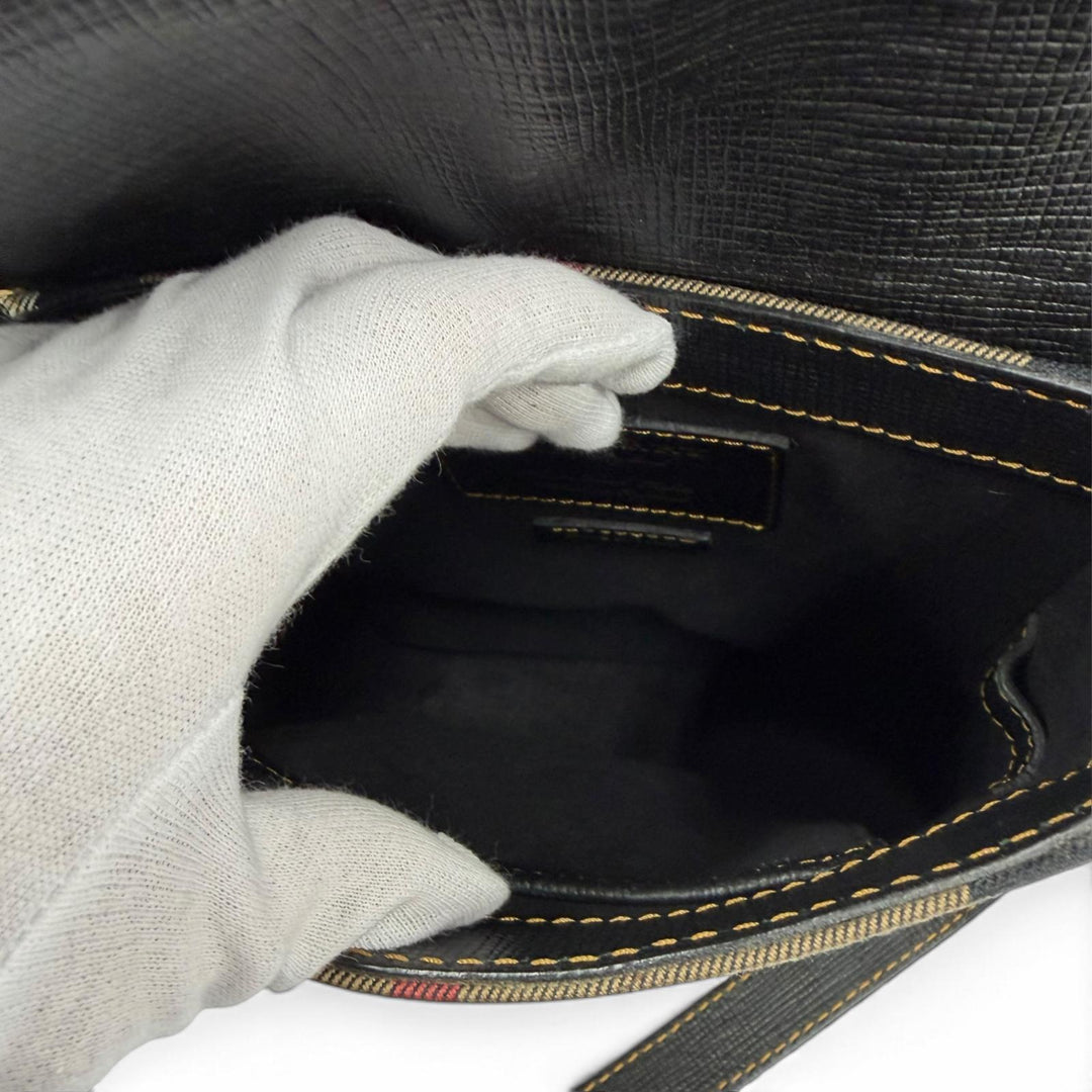 極美品★BURBERRY バーバリー BURBERRY PRORSUM レザー使い バーバリーチェック フラップ ショルダーバッグ ブラウン 伊製 保存袋付き