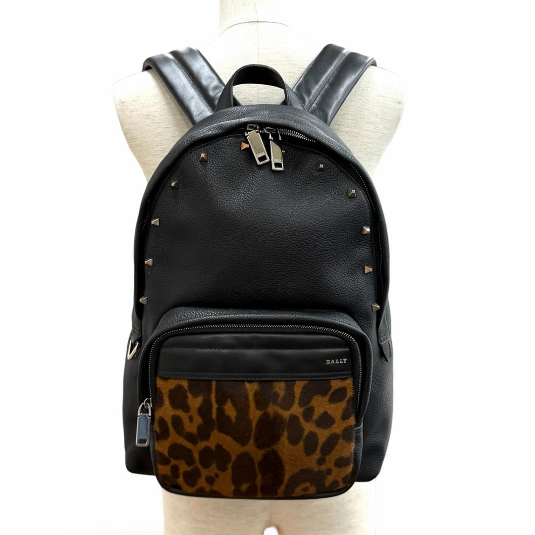 極美品★BALLY バリー WOLFSON ロゴ金具 スタッズデザイン ハラコ レザー リュックサック デイパック ブラック ブラウン レディース