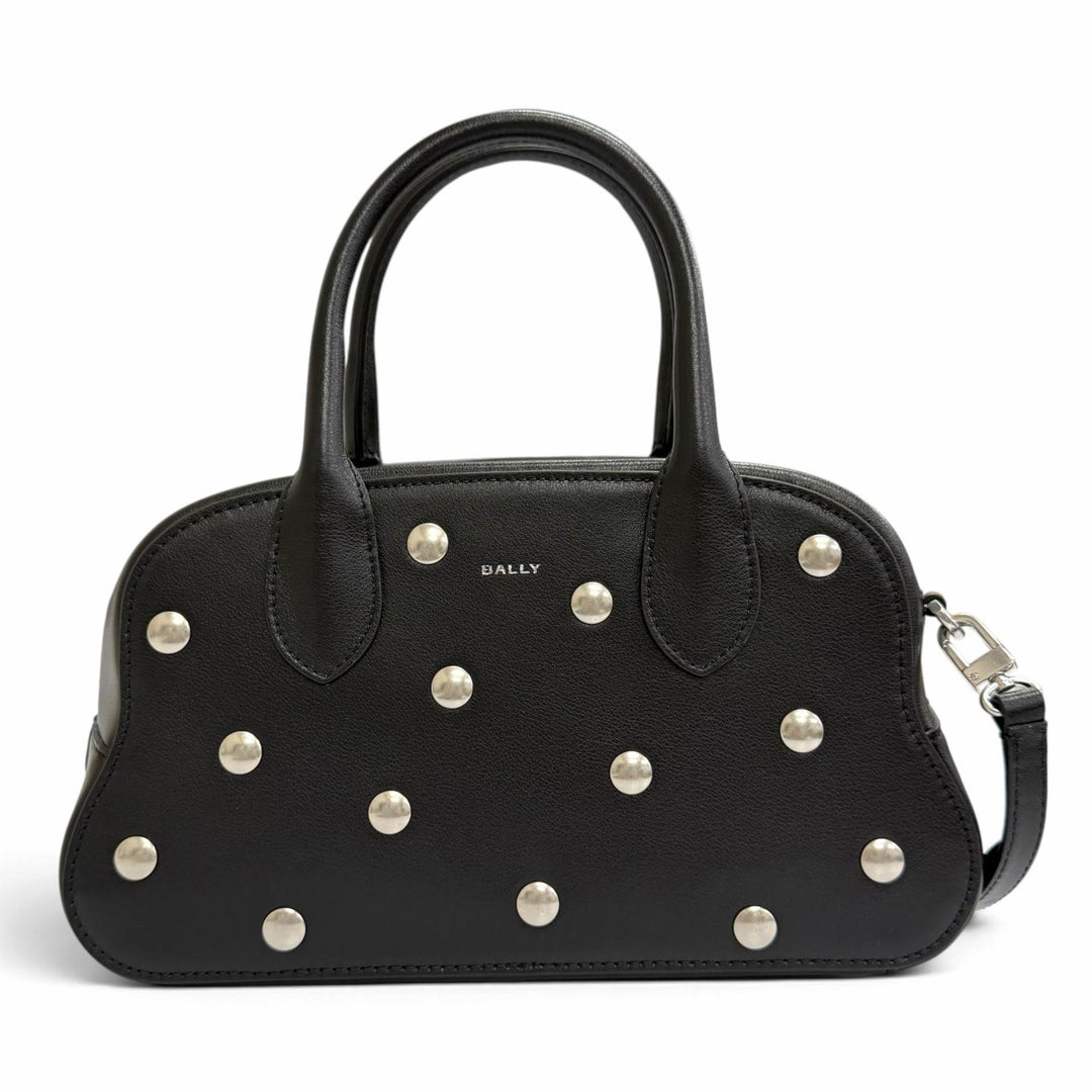 極美品△BALLY バリー Unda Satchel レザー ドット柄 2WAY ハンドバッグ ショルダーバッグ ブラック 伊製 定価228800円 袋付き
