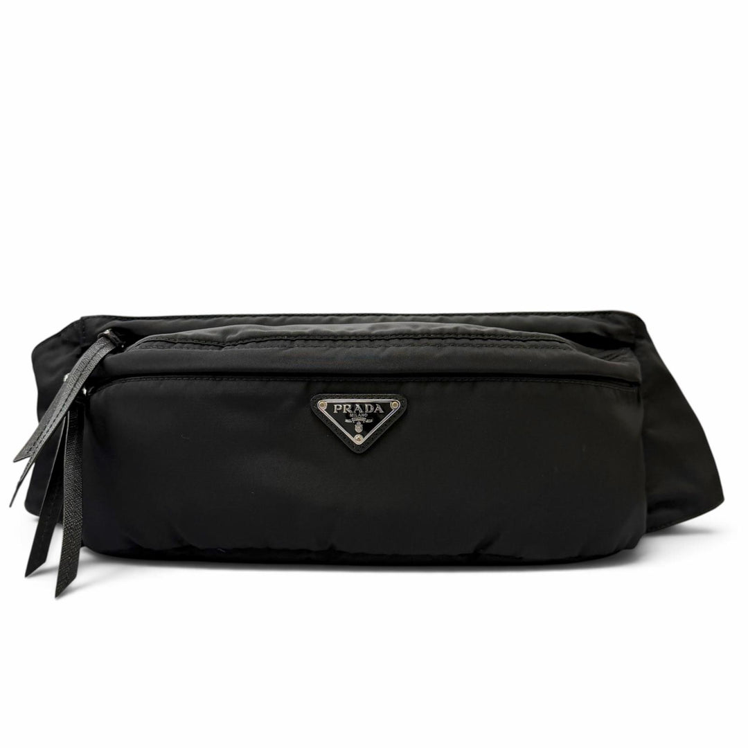 良品▼PRADA プラダ 1BL011 ナイロン レザー トライアングルロゴ 三角プレート ベルトバッグ ボディバッグ ブラック イタリア製 メンズ