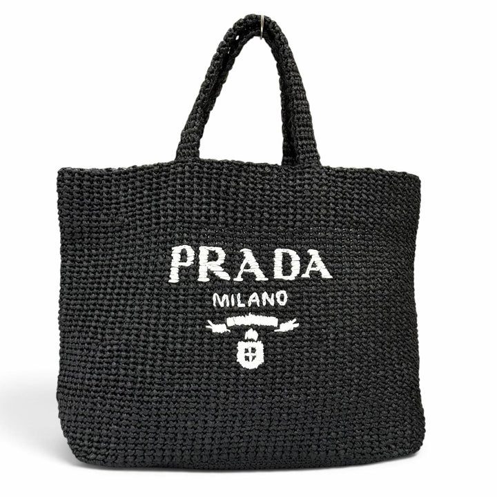 極美品★PRADA プラダ 1BG392 クロシェ トートバッグ ラフィア トライアングルロゴ カゴバッグ ブラック レディース 保存袋付き