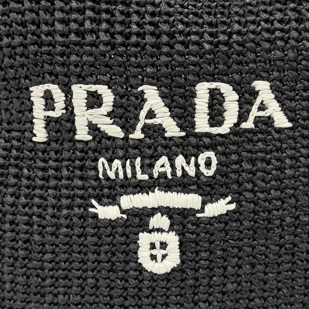 極美品★PRADA プラダ 1BG392 クロシェ トートバッグ ラフィア トライアングルロゴ カゴバッグ ブラック レディース 保存袋付き