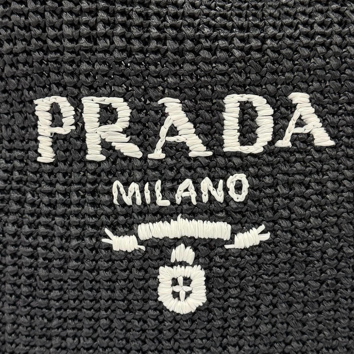極美品★PRADA プラダ 1BG392 クロシェ トートバッグ ラフィア トライアングルロゴ カゴバッグ ブラック レディース 保存袋付き