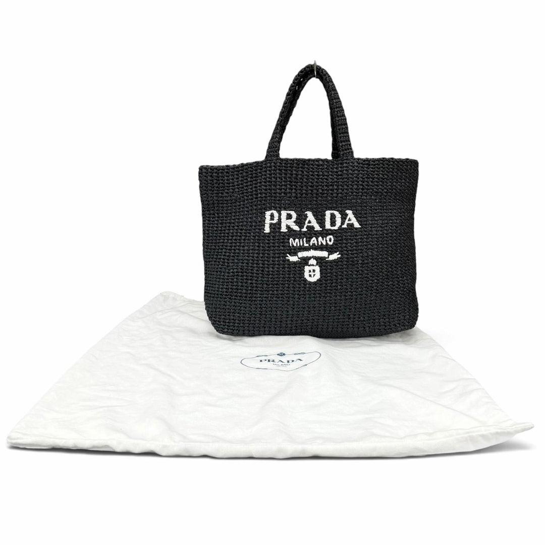 極美品★PRADA プラダ 1BG392 クロシェ トートバッグ ラフィア トライアングルロゴ カゴバッグ ブラック レディース 保存袋付き