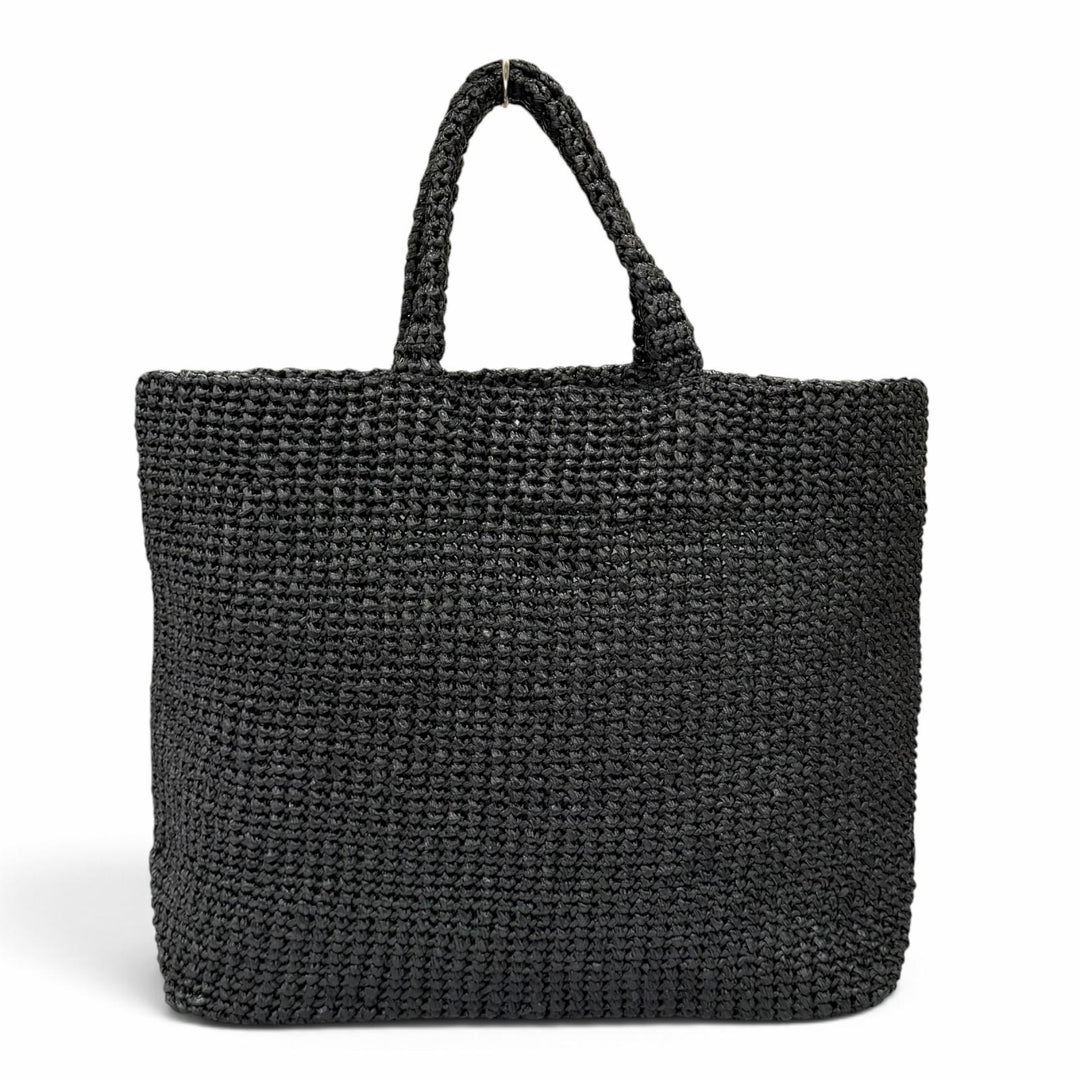 極美品★PRADA プラダ 1BG392 クロシェ トートバッグ ラフィア トライアングルロゴ カゴバッグ ブラック レディース 保存袋付き