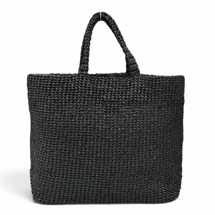 極美品★PRADA プラダ 1BG392 クロシェ トートバッグ ラフィア トライアングルロゴ カゴバッグ ブラック レディース 保存袋付き