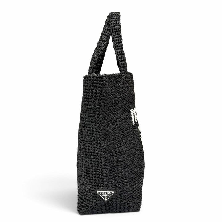 極美品★PRADA プラダ 1BG392 クロシェ トートバッグ ラフィア トライアングルロゴ カゴバッグ ブラック レディース 保存袋付き