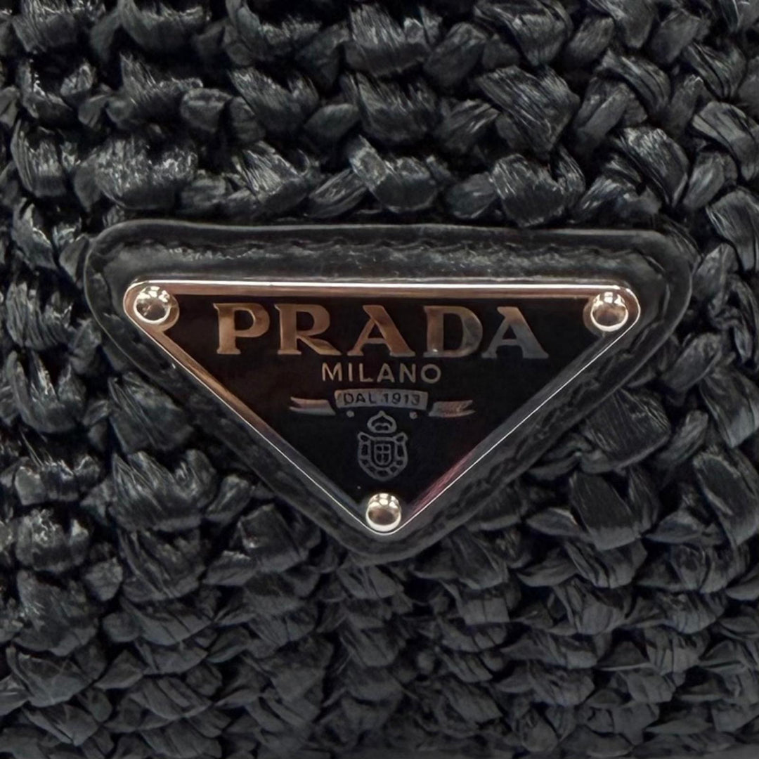 極美品★PRADA プラダ 1BG392 クロシェ トートバッグ ラフィア トライアングルロゴ カゴバッグ ブラック レディース 保存袋付き