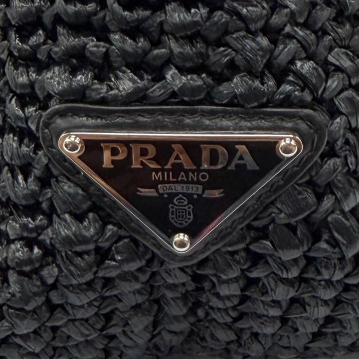 極美品★PRADA プラダ 1BG392 クロシェ トートバッグ ラフィア トライアングルロゴ カゴバッグ ブラック レディース 保存袋付き