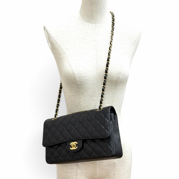 極美品★CHANEL シャネル A01112 マトラッセ25 キャビアスキン ランダムシリアル Wチェーン ショルダーバッグ ブラック 保存袋付