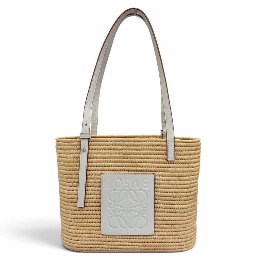 極美品☆LOEWE ロエベ A223099X08 スクエア バスケット バッグ スモール ラフィア レザー かごバッグ ハンドバッグ ナチュラル ホワイト