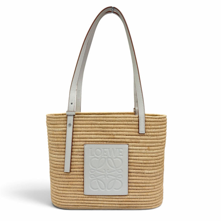 極美品☆LOEWE ロエベ A223099X08 スクエア バスケット バッグ スモール ラフィア レザー かごバッグ ハンドバッグ ナチュラル ホワイト