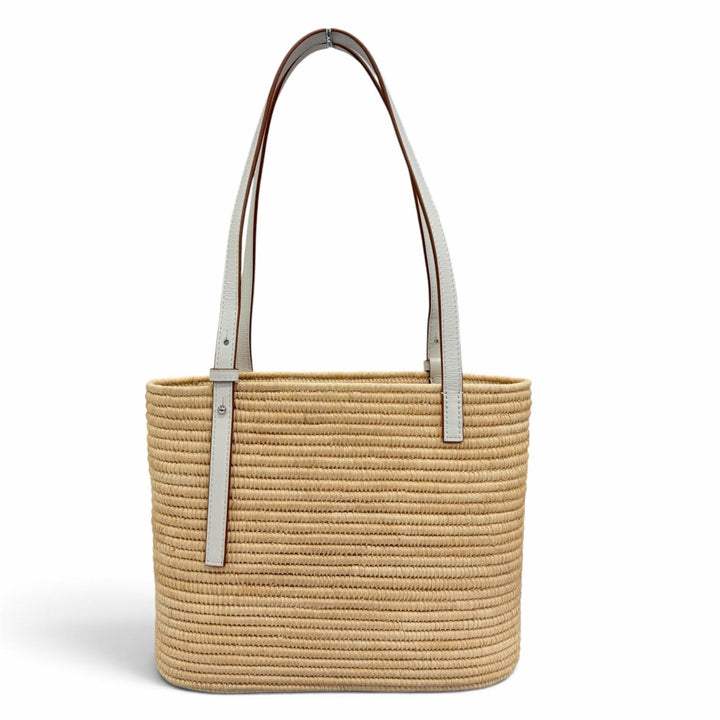 極美品☆LOEWE ロエベ A223099X08 スクエア バスケット バッグ スモール ラフィア レザー かごバッグ ハンドバッグ ナチュラル ホワイト