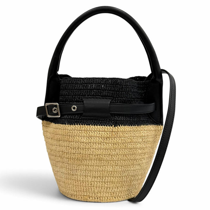 美品★CELINE セリーヌ 18724 ラフィア レザー ビッグバッグ ナノ バケット 2WAY ショルダーバッグ ナチュラル ブラック レディース