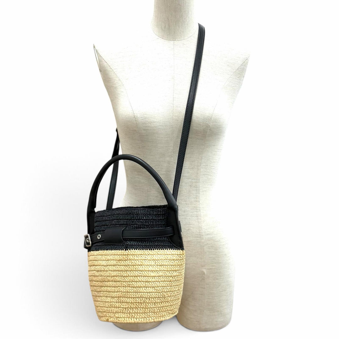 美品★CELINE セリーヌ 18724 ラフィア レザー ビッグバッグ ナノ バケット 2WAY ショルダーバッグ ナチュラル ブラック レディース