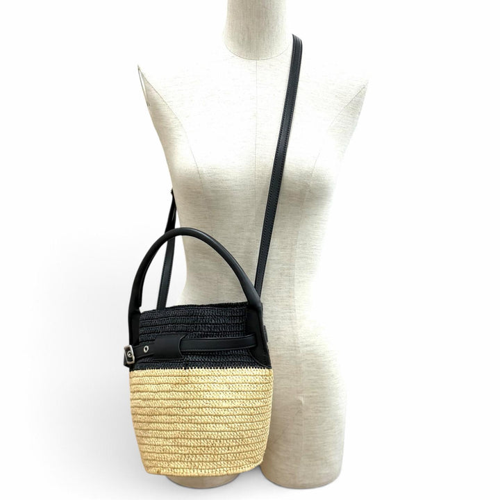 美品★CELINE セリーヌ 18724 ラフィア レザー ビッグバッグ ナノ バケット 2WAY ショルダーバッグ ナチュラル ブラック レディース