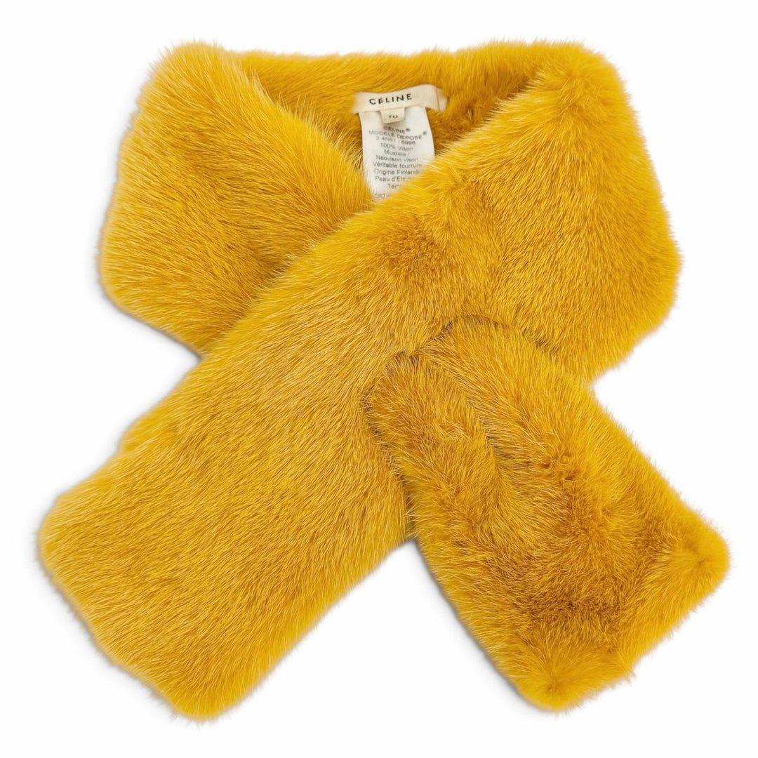 美品△CELINE セリーヌ ミンク MINK フィービー期 ファー ティペット 本毛皮ショール イエロー系 イタリア製 正規品 レディース