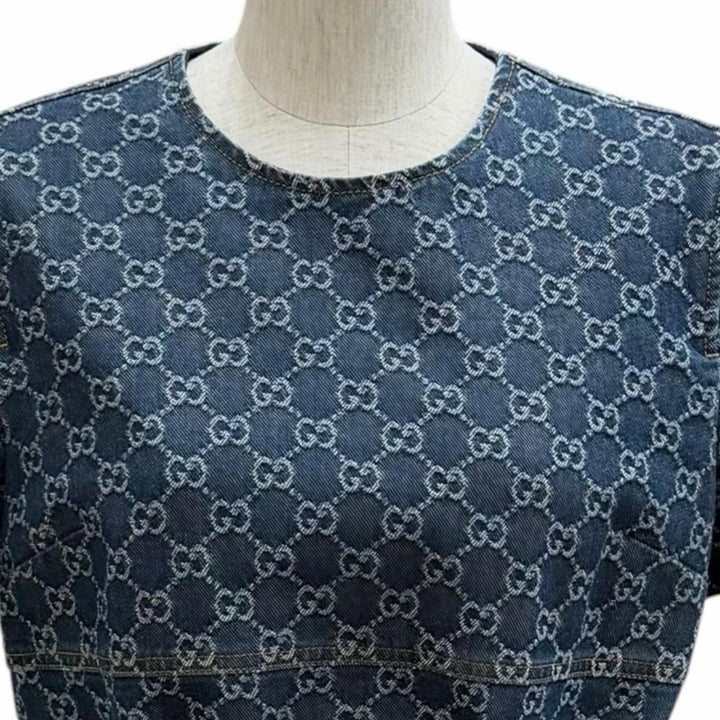 未使用品★GUCCI グッチ 2025年製 818219 コットン100％ ベルト付 GGジャガードデニム ドレス ワンピース 42 正規品 ハンガー付