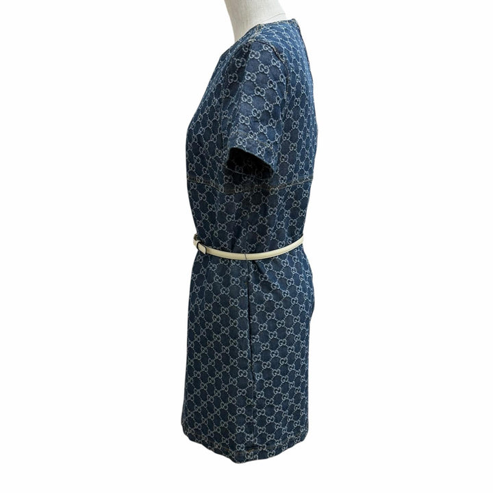 未使用品★GUCCI グッチ 2025年製 818219 コットン100％ ベルト付 GGジャガードデニム ドレス ワンピース 42 正規品 ハンガー付