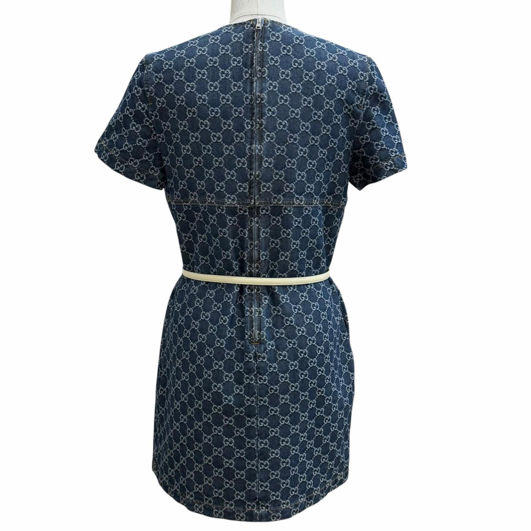 未使用品★GUCCI グッチ 2025年製 818219 コットン100％ ベルト付 GGジャガードデニム ドレス ワンピース 42 正規品 ハンガー付