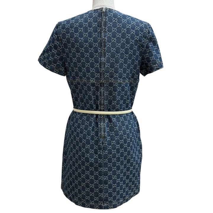 未使用品★GUCCI グッチ 2025年製 818219 コットン100％ ベルト付 GGジャガードデニム ドレス ワンピース 42 正規品 ハンガー付