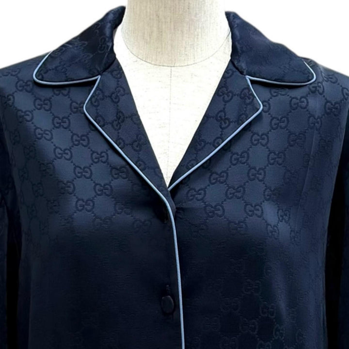 未使用品★GUCCI グッチ 25SS 809185 GGスプリーム サイドプリーツ シャツ ワンピース ネイビー 36 イタリア製 正規品 ハンガー付き