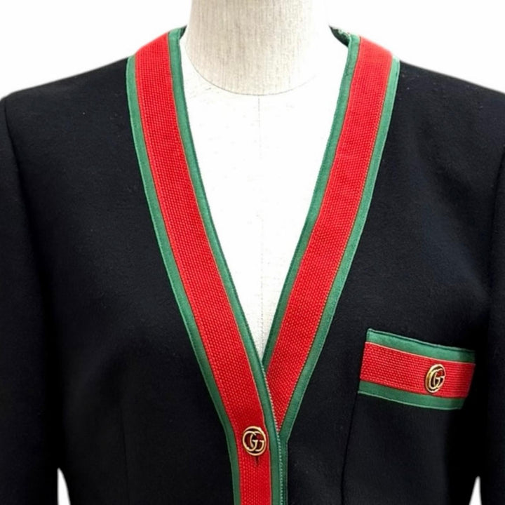極美品★GUCCI グッチ 518064 ウール100％ GGマーモント ウェブライン ノーカラー コート ブラック 40 イタリア製 正規品 レディース