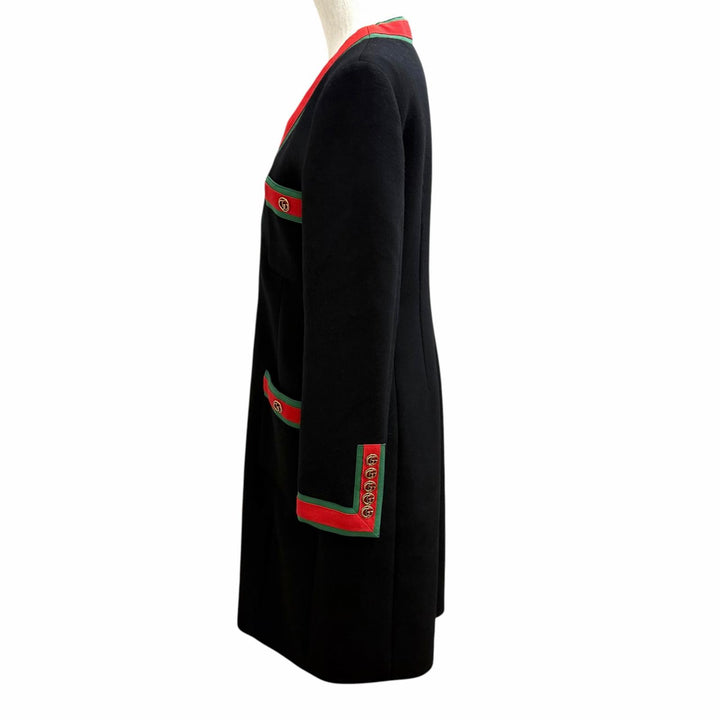 極美品★GUCCI グッチ 518064 ウール100％ GGマーモント ウェブライン ノーカラー コート ブラック 40 イタリア製 正規品 レディース