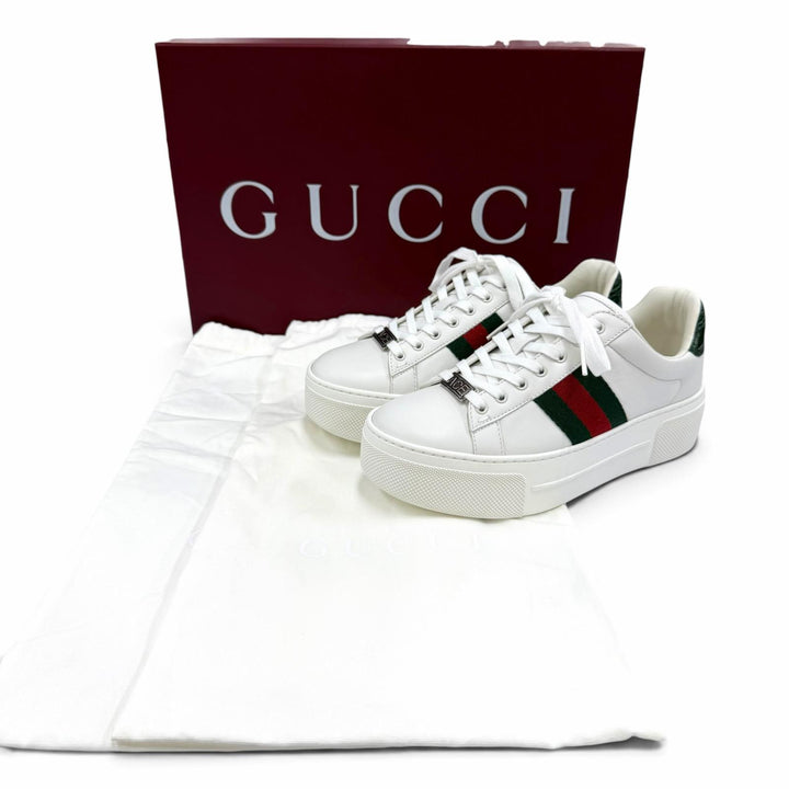 未使用品☆GUCCI グッチ 791399 エース ウェブ ストライプ 厚底 レザー ローカットスニーカー ホワイト 35 イタリア製 箱・保存袋付