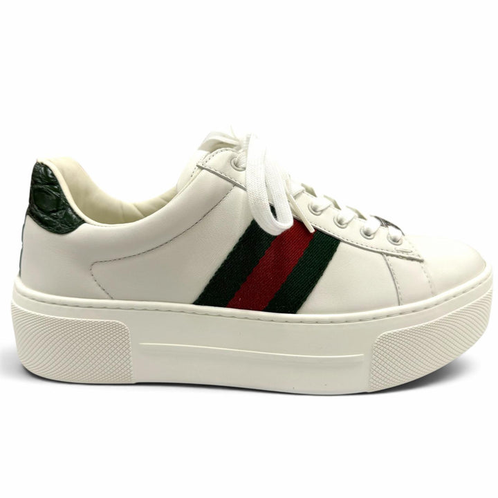 未使用品☆GUCCI グッチ 791399 エース ウェブ ストライプ 厚底 レザー ローカットスニーカー ホワイト 35 イタリア製 箱・保存袋付